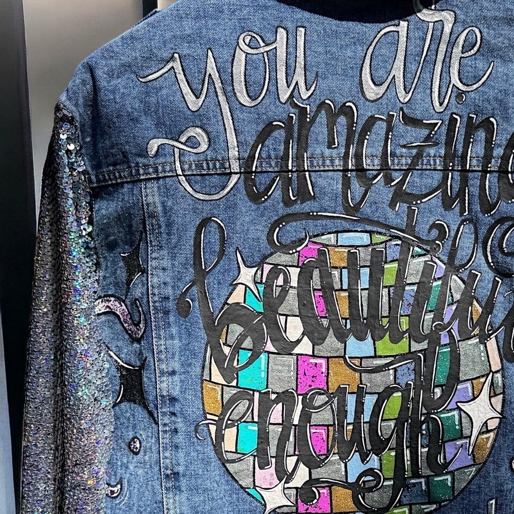 Eras Tour Ready: Dazzling Upcycled Se7en Jacket with Chic Design! Oversized Med - Picture 14 of 16